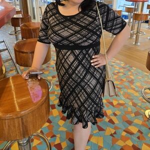 Nina Leonard Black and Cream Plaid Midi Dress